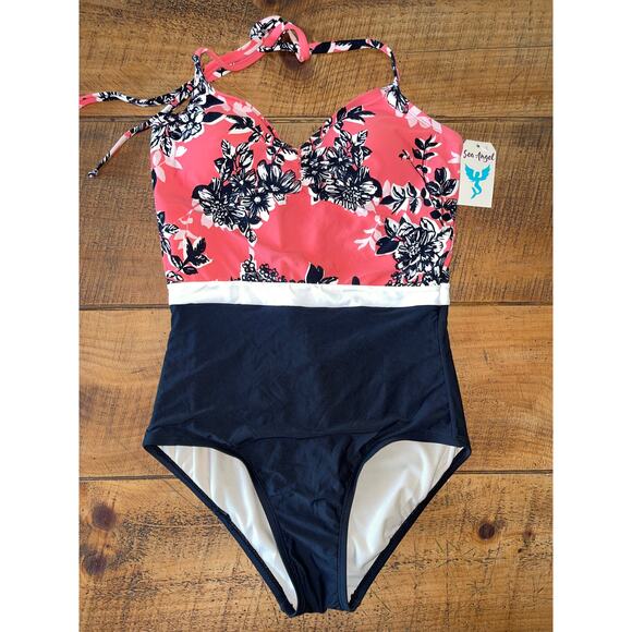 NWT Womens Sea Angel Coral Peach Black Floral Halter One Piece Swimming Suit‎ M - Picture 1 of 9